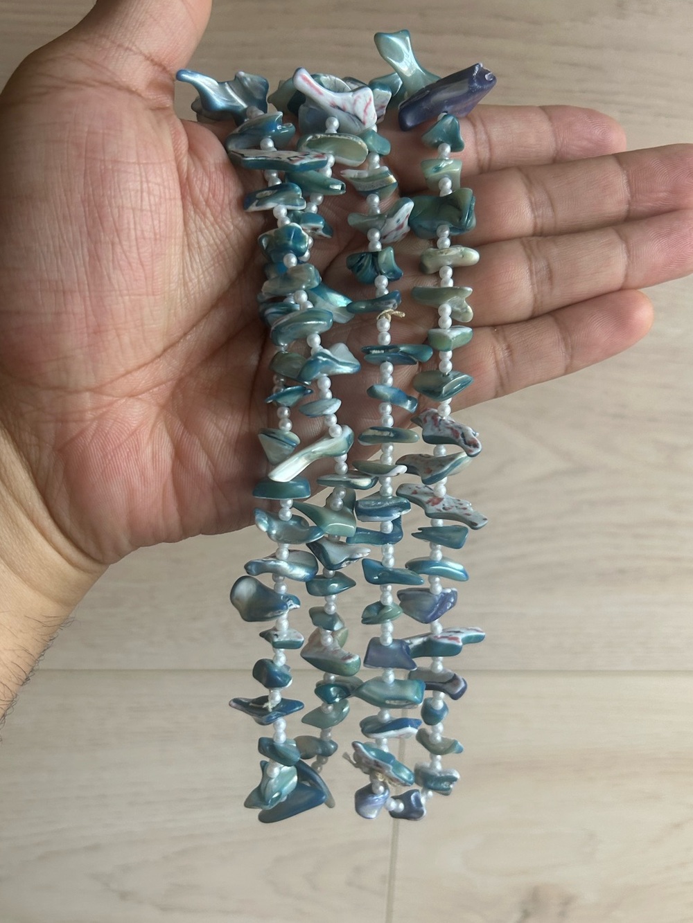 Blue Shell Mother of Pearl and Faux Pearl Beaded Necklace